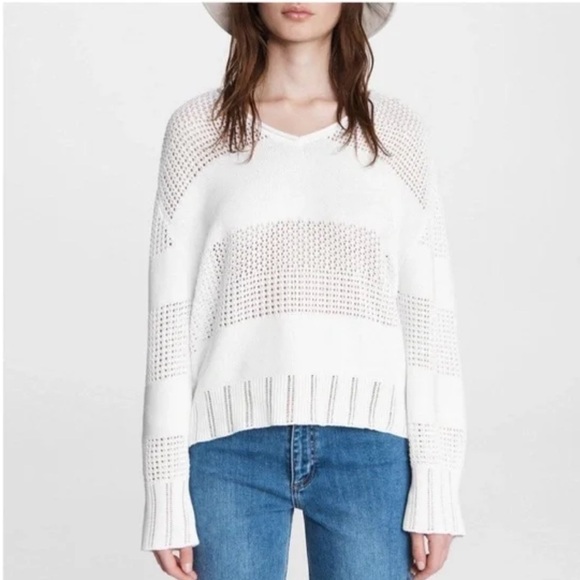 RAG & BONE Faye Stripe V-neck Sweater In White - Picture 1 of 5